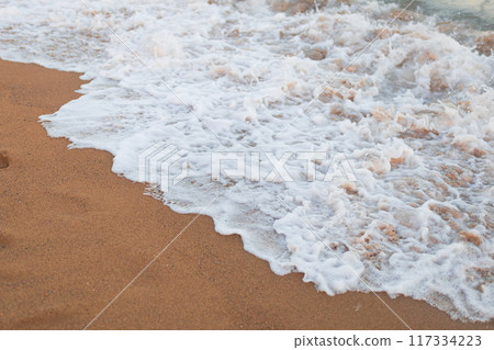 Soft ocean wave on clean sandy beach background. 117334223
