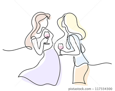 Summer party for girls. Fun drink lifestyle. Continuous one line drawing Summer party for girls. Fun drink lifestyle. Continuous one line drawing 117334300