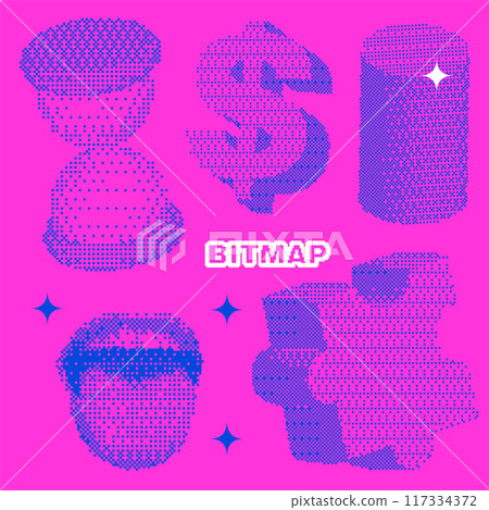 Universal trendy pixel textured geometric bright bold 3d shapes set. Collection of different bitmap graphic elements - mouth, dollar, cylinder, puzzle and hourglass. 80s vector elements for collage. 117334372
