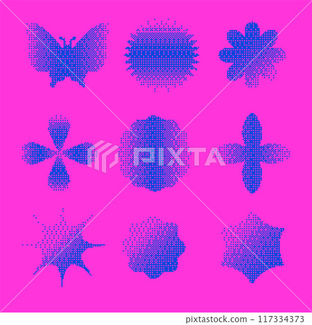 Geometry wireframe shapes and grids set. Abstract cyberpunk elements, in trendy Brutalism style, neon color. 00s Y2k retro futuristic aesthetic. Flat pixelated vector illustrations, 117334373