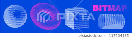 Bitmap pixelated simple 3d shapes set. Dither halftone geometric object collection. Pixelated sphere, ring, cube, cylinder elements for 80s banner, poster, leaflet. Pixel effect Vector illustration. Bitmap pixelated simple 3d shapes set. Dither halftone geometric object collection. Pixelated sphere, ring, cube, cylinder elements for 80s banner, poster, leaflet. Pixel effect Vector illustration. 117334385