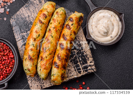 Delicious fresh vegetarian sausage or sausage made from vegetable protein tofu or seitan legumes 117334539