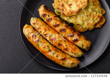 Delicious fresh vegetarian sausage or sausage made from vegetable protein tofu or seitan legumes 117334548