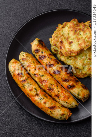 Delicious fresh vegetarian sausage or sausage made from vegetable protein tofu or seitan legumes 117334549