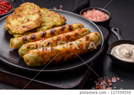 Delicious fresh vegetarian sausage or sausage made from vegetable protein tofu or seitan legumes 117334550