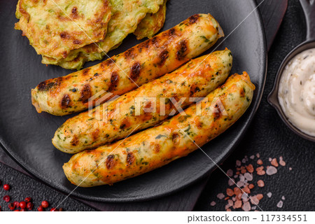 Delicious fresh vegetarian sausage or sausage made from vegetable protein tofu or seitan legumes Delicious fresh vegetarian sausage or sausage made from vegetable protein tofu or seitan legumes 117334551