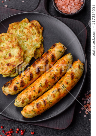 Delicious fresh vegetarian sausage or sausage made from vegetable protein tofu or seitan legumes 117334552