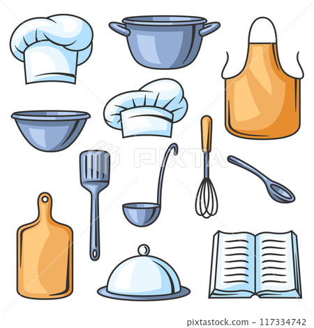 Set of kitchen utensils. Cooking tools for home and restaurant items. 117334742