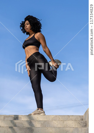 Slim fit black-haired woman stretching in the fresh air 117334829