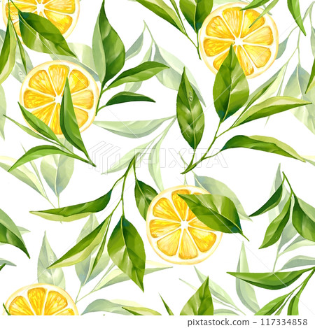 Seamless pattern with tea leaves and lemon fruit. Floral background Seamless pattern with tea leaves and lemon fruit. Floral background 117334858