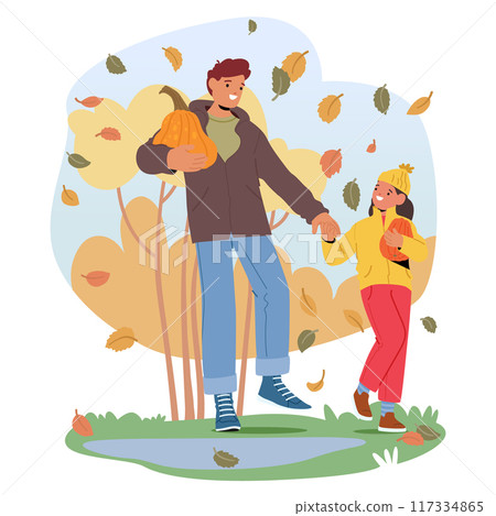 Cartoon Father And Daughter Holding Pumpkins While Enjoying A Walk In Autumn Park with Falling Leaves And Colorful Trees Cartoon Father And Daughter Holding Pumpkins While Enjoying A Walk In Autumn Park with Falling Leaves And Colorful Trees 117334865