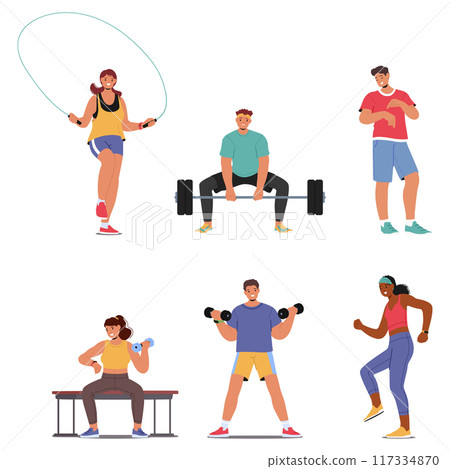 Vector Set Of Character Performing Fitness Activities Including Skipping Rope, Weightlifting, And Jogging, Illustration 117334870