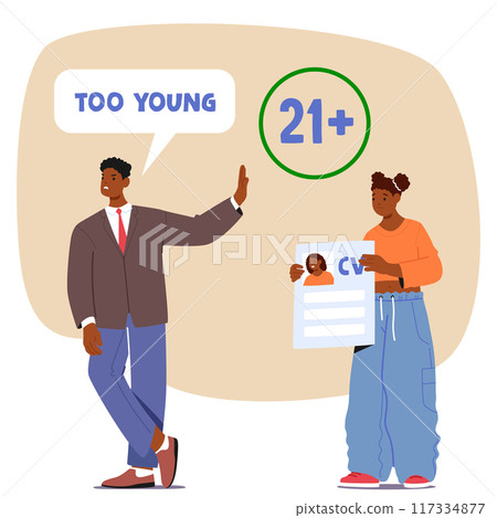 Young Job Applicant Character Being Turned Away Due To Age Discrimination. The Recruiter Highlights 21 Plus Requirement Young Job Applicant Character Being Turned Away Due To Age Discrimination. The Recruiter Highlights 21 Plus Requirement 117334877