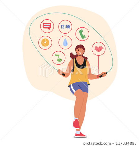 Cartoon Woman Jumping Rope While Using A Smartwatch Fitness App. Vector Image Depicts Fitness, Health Tracking 117334885