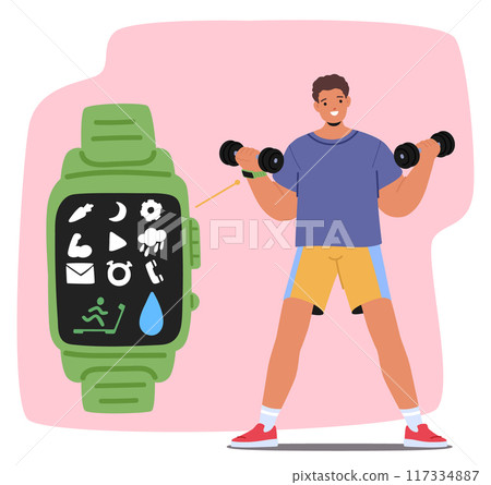 Cartoon Man Lifting Weights While Using A Smartwatch Displaying A Fitness App. Vector Image Conveys Themes Of Health Cartoon Man Lifting Weights While Using A Smartwatch Displaying A Fitness App. Vector Image Conveys Themes Of Health 117334887