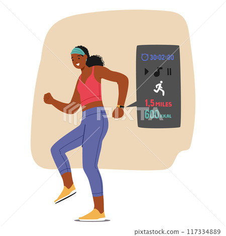 Woman Using A Fitness App On A Smartwatch While Running. The App Shows Distance Covered And Calories Burned Woman Using A Fitness App On A Smartwatch While Running. The App Shows Distance Covered And Calories Burned 117334889