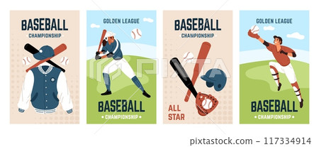 Baseball cards. Professional athletes fall and hit balls with bats. Sports uniforms and equipment. Invitations to championship. Serving softballs. Baseballers game. Garish vector set Baseball cards. Professional athletes fall and hit balls with bats. Sports uniforms and equipment. Invitations to championship. Serving softballs. Baseballers game. Garish vector set 117334914