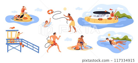Beach lifeguards. Professional lifesavers. Rescues saving life to drowning people. Rescue equipment. Lifebuoys and boats. Water observation towers. Helping to swimmers. Garish vector set Beach lifeguards. Professional lifesavers. Rescues saving life to drowning people. Rescue equipment. Lifebuoys and boats. Water observation towers. Helping to swimmers. Garish vector set 117334915