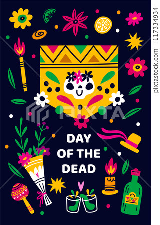 Mexican holiday. Death party poster. Day of dead. Mexico traditional festival. Muertos carnival. Sugar skulls. Fruits and flowers. Hispanic celebration. Vector cartoon greeting card Mexican holiday. Death party poster. Day of dead. Mexico traditional festival. Muertos carnival. Sugar skulls. Fruits and flowers. Hispanic celebration. Vector cartoon greeting card 117334934