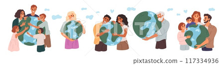 People hug planet. Family embrace Earth. Happy couple with green globe. Men and women with children taking care of nature. Ecology activists. Environment conservation. Garish vector set People hug planet. Family embrace Earth. Happy couple with green globe. Men and women with children taking care of nature. Ecology activists. Environment conservation. Garish vector set 117334936