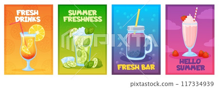 Summer drinks cards. Beach party beverages. Cocktail glasses with ice cubes and mint leaves. Refreshing mojito. Tasty milkshake. Non alcoholic bar menu. Cold smoothies. Recent vector set Summer drinks cards. Beach party beverages. Cocktail glasses with ice cubes and mint leaves. Refreshing mojito. Tasty milkshake. Non alcoholic bar menu. Cold smoothies. Recent vector set 117334939