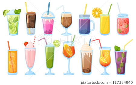 Summer tasty drinks. Non alcoholic refreshing beverages. Cold lemonades. Fresh juices. Smoothies or milkshakes with ice cubes. Mint mojito. Soda glasses with straws. Recent vector set 117334940