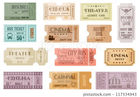 Vintage event tickets templates. Retro coupons. Old paper vouchers. Entrance passes to cinema or theater. Sport competitions and games access labels. Concert entry flyers vector set Vintage event tickets templates. Retro coupons. Old paper vouchers. Entrance passes to cinema or theater. Sport competitions and games access labels. Concert entry flyers vector set 117334943