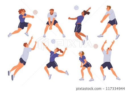 Volleyball players. Professional athletes in dynamic poses. People hit and serve ball with hands. Man jumping. Woman throwing. Volleyballer exercises. Competition court. Garish vector set Volleyball players. Professional athletes in dynamic poses. People hit and serve ball with hands. Man jumping. Woman throwing. Volleyballer exercises. Competition court. Garish vector set 117334944