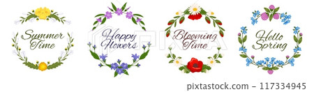 Wildflowers wreaths. Romantic beautiful round frames from meadow flowers. Decorative plants rings. Poppies and clover. Hello spring. Summer blossoms. Dandelion buds. Recent vector set Wildflowers wreaths. Romantic beautiful round frames from meadow flowers. Decorative plants rings. Poppies and clover. Hello spring. Summer blossoms. Dandelion buds. Recent vector set 117334945