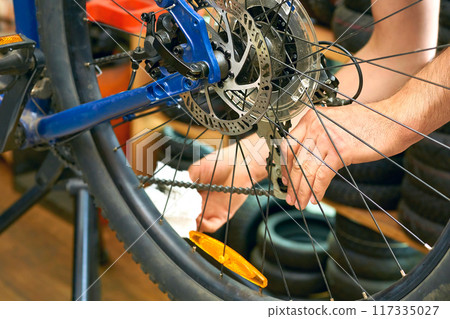Bike repair shop. Master adjusts bicycle rear wheel Bike repair shop. Master adjusts bicycle rear wheel 117335027