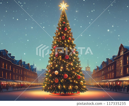 Grand Christmas Tree Illustration in City Square with Festive Decorations and Holiday Spirit 117335235