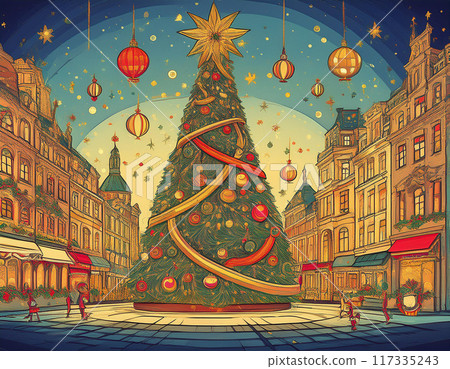 Grand Christmas Tree Illustration in City Square with Festive Decorations and Holiday Spirit Grand Christmas Tree Illustration in City Square with Festive Decorations and Holiday Spirit 117335243