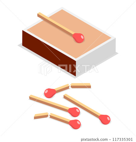 3D Isometric Flat Vector Illustration of Matchstick Box, Wooden Sticks for Making Bonfire Outdoor. Item 3 117335301