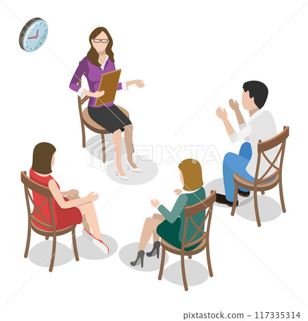 3D Isometric Flat Vector Set of Psychotherapy Session Scenes, Mental Health. Item 6 117335314