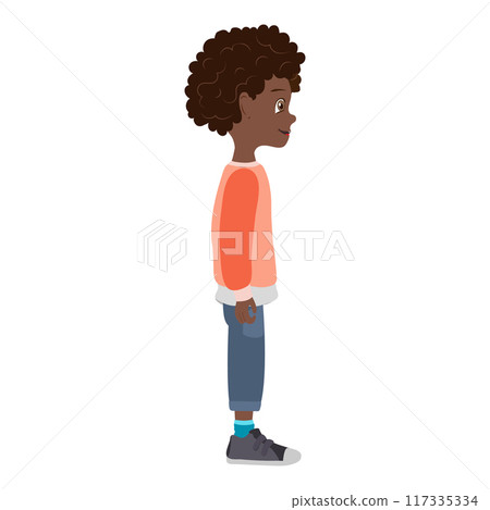Flat Vector Illustration of Cute African American Kid Boy with Skateboard, Cartoon Character Set For Animation, Various Views, Poses and Gestures. Item 3 117335334