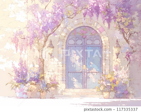 Arched door and lamp surrounded by purple flowers_illustration style Arched door and lamp surrounded by purple flowers_illustration style 117335337