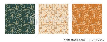 Set of seamless patterns with pumpkin in outline style. Autumn background 117335357