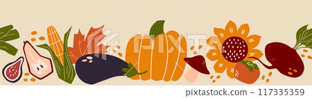 Seamless harvest border. Ornament of autumn vegetables. Autumn texture for Thanksgiving, harvest and Halloween. 117335359
