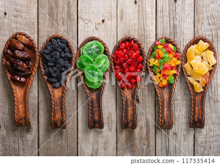 Group of dried and candied fruit in bowl Group of dried and candied fruit in bowl 117335414
