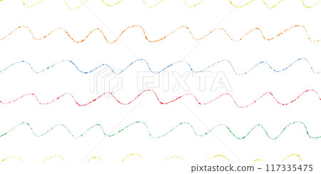 Colorful charcoal, pencil scrawl lines, waves. Thin childish hand drawn crayon strokes seamless pattern. 117335475