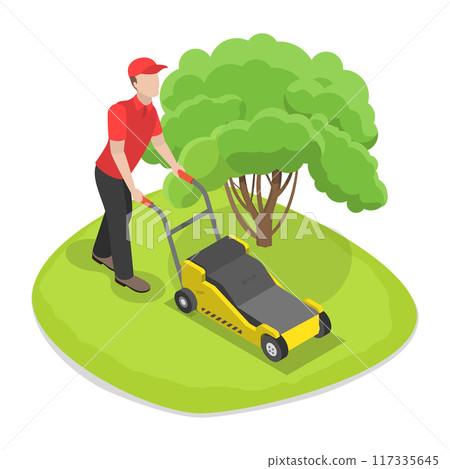 3D Isometric Flat Vector Set of Professional Gardener, Gardens and Parks Maintenance Service, Tree Pruning. Item 1 117335645