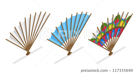3D Isometric Flat Set of Decorative Fans, Asian Traditional Folding Hand Fan 3D Isometric Flat Set of Decorative Fans, Asian Traditional Folding Hand Fan 117335699