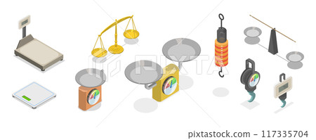 3D Isometric Flat Set of Scales Types, Equipment for Weight Measuring 3D Isometric Flat Set of Scales Types, Equipment for Weight Measuring 117335704
