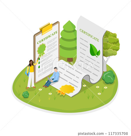 3D Isometric Flat Illustration of Green Certificate, Eco License 3D Isometric Flat Illustration of Green Certificate, Eco License 117335708