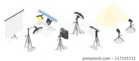 3D Isometric Flat  Set of Photo Studio Equipment Items, Photographer Tools 117335711