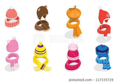 3D Isometric Flat Set of Childish Knitted Accessories, Winter Stylish Hats and Scarves 3D Isometric Flat Set of Childish Knitted Accessories, Winter Stylish Hats and Scarves 117335729