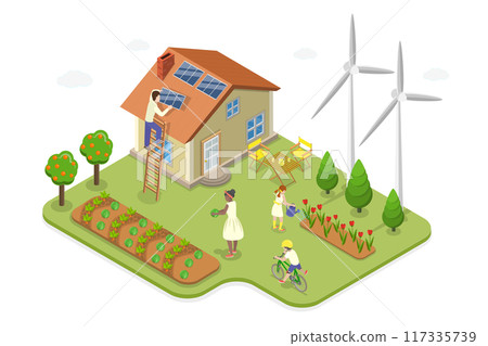 3D Isometric Flat  Illustration of Green Family Home, Nature Friendly House 117335739