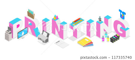 3D Isometric Flat Illustration of Printing, Printing House Production Process 3D Isometric Flat Illustration of Printing, Printing House Production Process 117335740