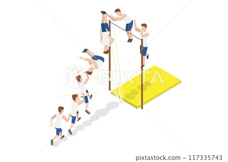 3D Isometric Flat  Illustration of Jumping With Pole, Athlete Doing High Jump 117335743