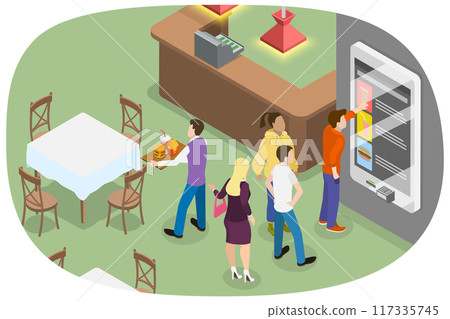 3D Isometric Flat  Illustration of Cafe Self Service, Modern Technologies 117335745